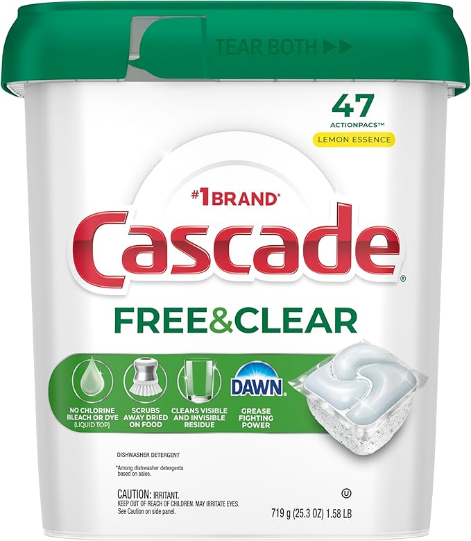 Cascade Free & Clear Dishwasher Pods, Dishwasher Detergent, Dish Detergent Soap, Lemon Essence, 47 Count-CubbioJoy