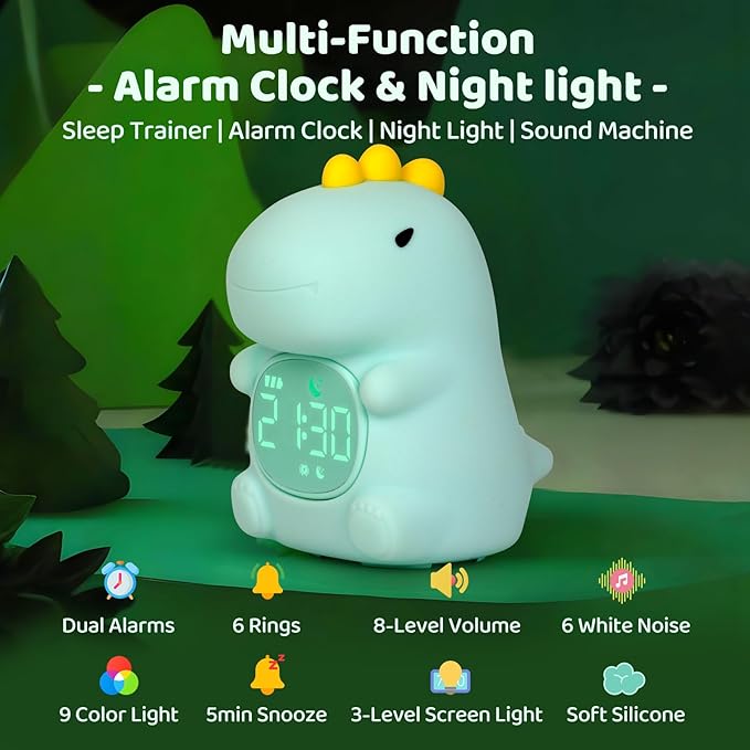 Dinosaurs Alarm Clock with Night Light for Kids with Sleep Training and Sound Machine, Rechargeable Silicone Lamp OK to Wake Clock，Cute Animal Tabletop Lamp, Perfect Sleep Companion for Boys Girls-CubbioJoy