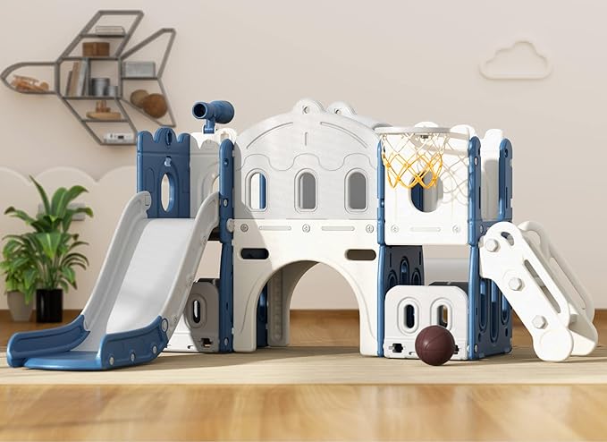 8 in 1 Toddler Slide and Climber Playset Indoor Outdoor Kids Slide with Basketball Hoop,Telescope, Storage Space, Freestanding Backyard Playground for Toddler Age 1-3, Blue-CubbioJoy