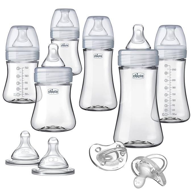 Chicco Duo Deluxe Hybrid Baby Bottle Starter Gift Set with Invinci-Glass Inside and Plastic Outside | Dishwasher, Bottle Warmer, and Electric Sterilizer Safe | Intui-Latch Nipple | Clear/Grey-CubbioJoy