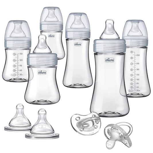 Chicco Duo Deluxe Hybrid Baby Bottle Starter Gift Set with Invinci-Glass Inside and Plastic Outside | Dishwasher, Bottle Warmer, and Electric Sterilizer Safe | Intui-Latch Nipple | Clear/Grey-CubbioJoy