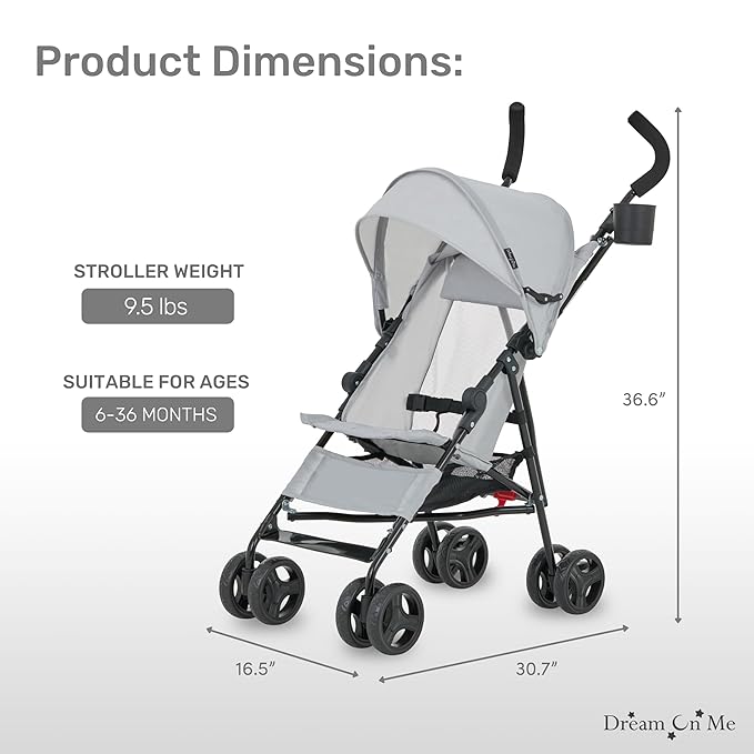 Dream On Me Rover Convenience Baby Stroller in Gray, Lightweight & Compact Umbrella Stroller, Easy one-Hand fold Travel Stroller, Lockable Rear Wheels, Removable & Adjustable Canopy-CubbioJoy