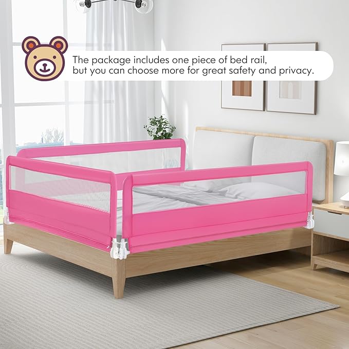 BABY JOY Bed Rails for Toddlers, 71'' Extra Long, Swing Down Bed Guard w/Safety Strap, Folding Baby Bedrail for Kids Twin, Double, Full Size Queen & King Mattress (71-Inch, Pink)-CubbioJoy