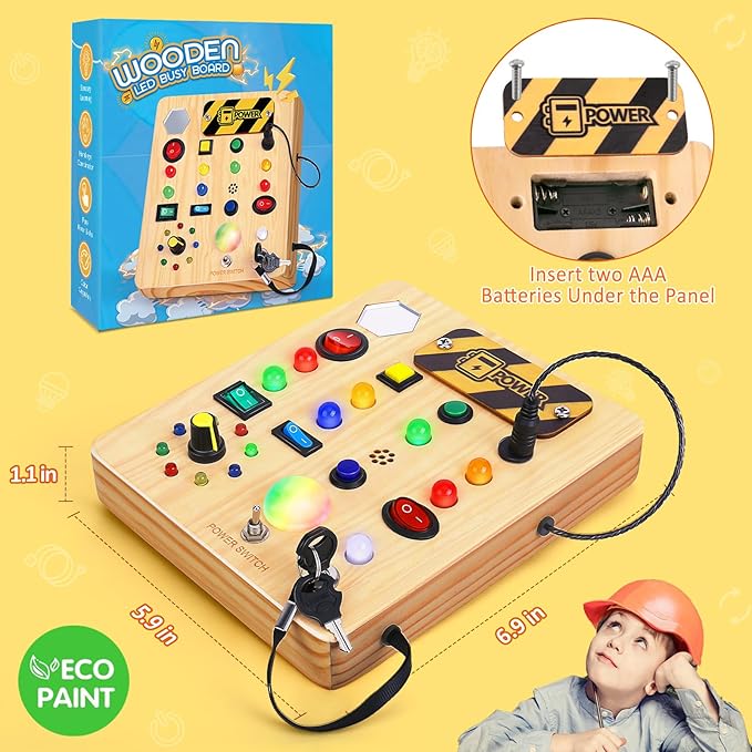 Busy Board with LED Light, Wooden Sensory Toys for Toddler, Montessori Music Toy for Airplane, Travel Activity Educational Learning Autism Toys, Birthday Boys Girls Gifts-CubbioJoy