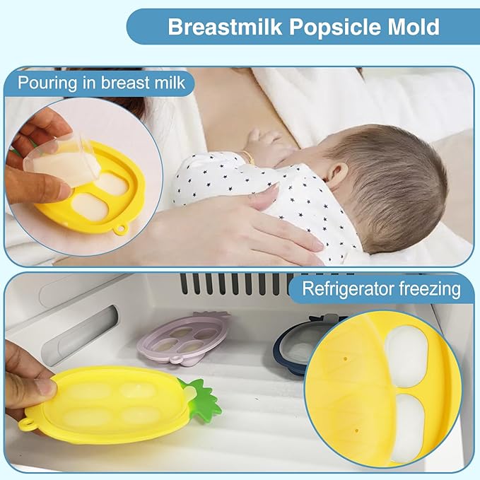 Baby Fruit Food Feeder - Silicone Nibble Tray Combo - Breastmilk Popsicle Mold for Cooling Relief, BPA Free Mesh Feeder for Infant Self Feeding (Monkey Blue + Pineapple)-CubbioJoy