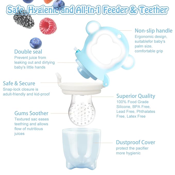 Baby Fruit Food Feeder - Silicone Nibble Tray Combo - Breastmilk Popsicle Mold for Cooling Relief, BPA Free Mesh Feeder for Infant Self Feeding (Monkey Blue + Pineapple)-CubbioJoy