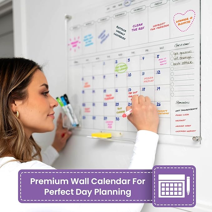 Acrylic Calendar for Wall - 24x18” Wall Calendar, Dry Erase Calender, Clear Calendar for Wall, Includes Magnetic Pen, Tray Holders, 4 Markers and 1 Eraser-CubbioJoy