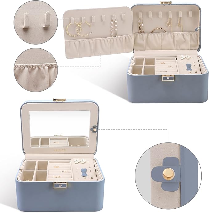 KAMIER Jewelry Organizer Box, 2 Layers PU Leather, Large Capacity, Double Lock and Large Mirror, Hidden Necklace Hooks, Removable Dividers, Gift Box Packaging,Bluish Grey-CubbioJoy