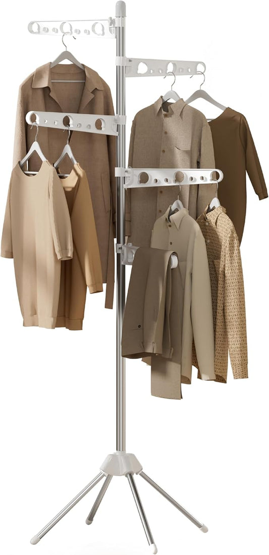 Clothes Drying Rack Foldable, 70.9 inch Tripod Drying Rack for 35 Pieces of Clothes, with Height-Adjustable Rotatable Clothes Rails, Space Saving, Stainless Steel, White and Silver CDR005W01-CubbioJoy