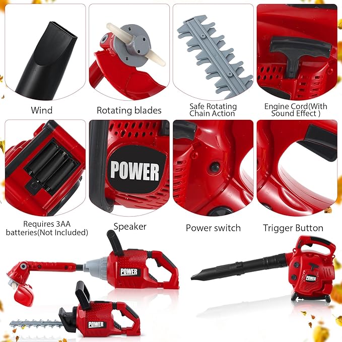 3 Pcs Toy Gardening Tool Set for Kids Toy Leaf Blower Weed Trimmer Hedge Trimmer Pretend Play Set with Lights and Sounds Birthday for Boys Girls-CubbioJoy