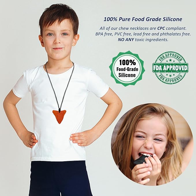 Chewy Necklace Sensory for Kids and Adults, Shark Tooth Silicone Autism Chew Toys Sensory for Boys Girls with ADHD, Anxiety, SPD, 3 Pack Chewing Necklace - BPA Free-CubbioJoy