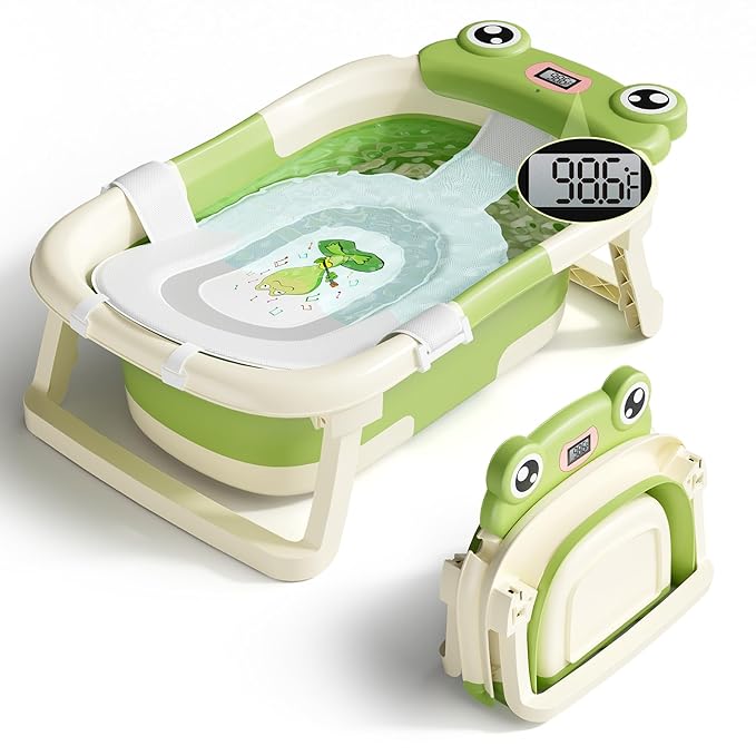 Baby Bathtub, Collapsible Newborn Bathtub for Infant to Toddler 0-24 Months with Soft Cushion and Thermometer,Portable Travel Newborn Tub with No-Slip Feet, Baby Shower Gifts,Green-CubbioJoy