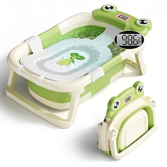 Baby Bathtub, Collapsible Newborn Bathtub for Infant to Toddler 0-24 Months with Soft Cushion and Thermometer,Portable Travel Newborn Tub with No-Slip Feet, Baby Shower Gifts,Green-CubbioJoy