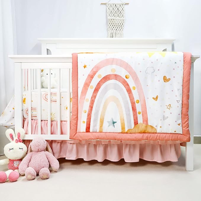 4-Piece Crib Bedding Set for Girls, Includes Comforter, Fitted Crib Sheet, Crib Skirt, and Diaper Stacker, Pink Rainbow-CubbioJoy