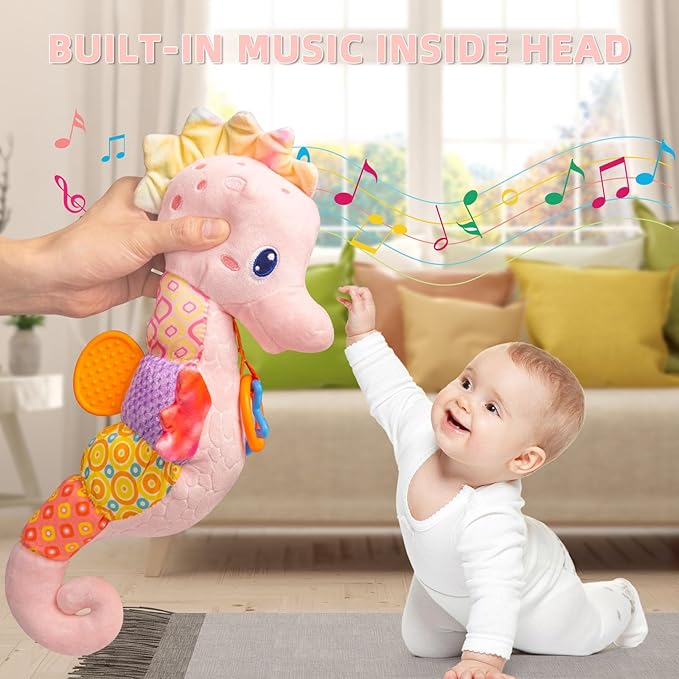 Baby Toys 0-6 Months,Infant Musical Seahorse Stuffed Animals Sensory Toys with Bright Colors,Multiple Textures,Rattles & Crinkle Sound Paper,Soft Tummy Time Toy for Newborn Boys Girls 0-12 Months-Pink-CubbioJoy