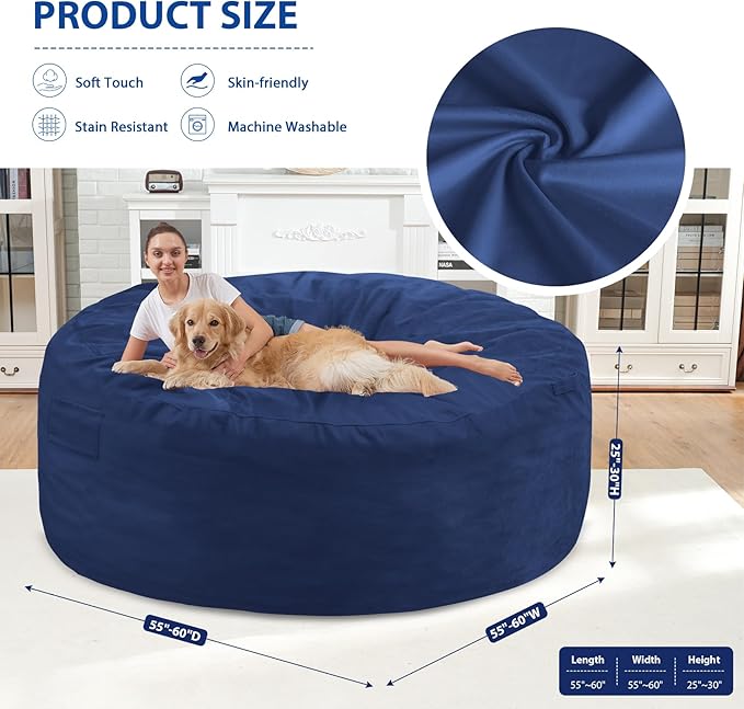 6FT Bean Bag Chair, Large Bean Bag Chairs with Memory Foam Filled, Fluffy Beanbag Sofa with Dutch Velvet Cover, Round BeanBag Chairs for Living Room, Playroom - Blue-CubbioJoy