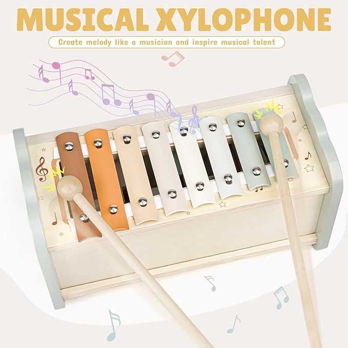 Joyreal Wooden Montessori Toys for 1 Year Old - Hammering Pounding Toy with Xylophone & Fishing Game - Educational Toddler Activities for 1 2 3 Year Old Christmas Birthday Gifts-CubbioJoy