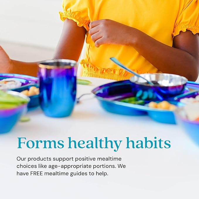 Ahimsa Stainless Steel Kids Dinnerware Set - 5 Piece Stainless Steel Toddler Plates and Bowls Set, Pediatrician Designed, Plastic Free Toddler Plate and Bowl, Kids Utensils and Cup (Blue)-CubbioJoy