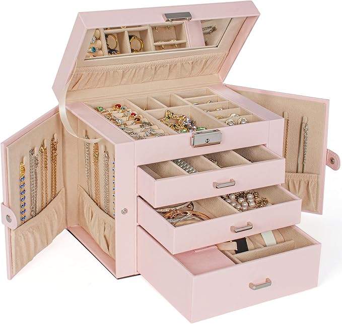 AKOZLIN 4-Tier Jewelry Box Lockable Leather Jewelry Storage Case Organizer with 3 Drawers for Women Girls Ring Necklace Earring Bracelet Watches Holder with Mirror Pink-CubbioJoy
