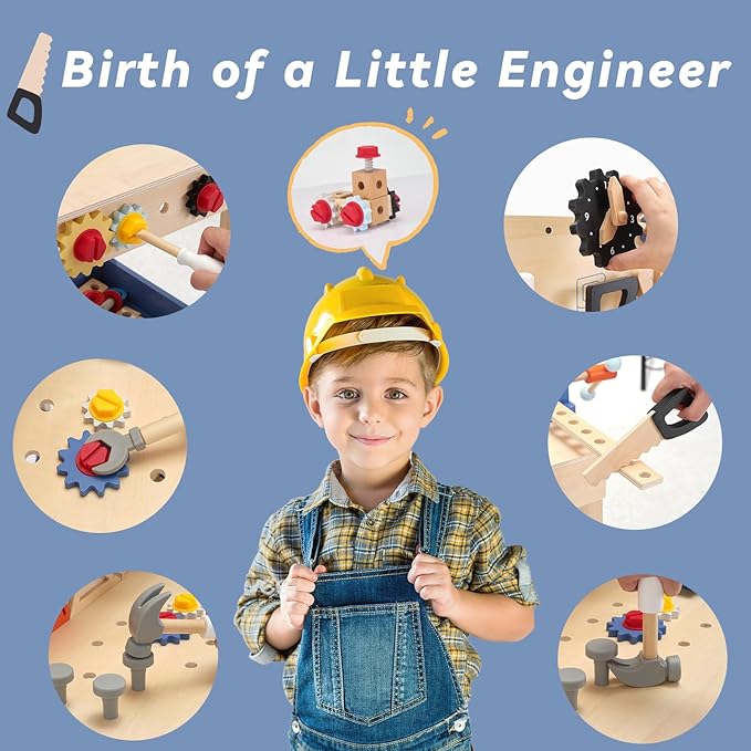 69‑Piece Wooden Kids Tool Bench – Montessori Toddler Workbench with Pretend Power Drill, Clock & Storage Shelf – STEM Construction Play Set for Boys & Girls Ages 3‑5-CubbioJoy