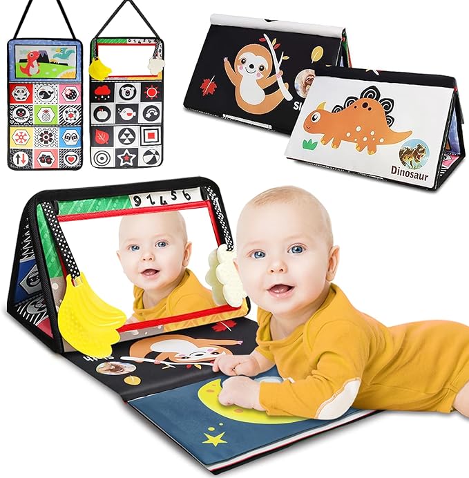 Baby Mirror Toys for Tummy Time, Newborn Infant 0 3 4 6 12 Months Old Boy, Girl Gift. Brain Developmental Montessori Sensory High Contrast Crinkle Book w Safe Mirror for Floor, Crib, Car, Bouncer-CubbioJoy