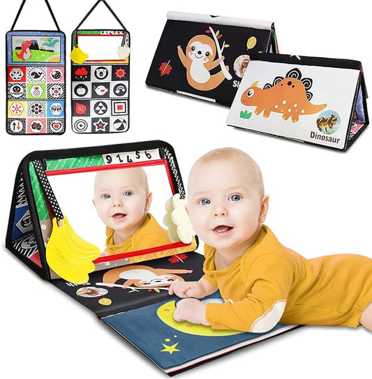 Baby Mirror Toys for Tummy Time, Newborn Infant 0 3 4 6 12 Months Old Boy, Girl Gift. Brain Developmental Montessori Sensory High Contrast Crinkle Book w Safe Mirror for Floor, Crib, Car, Bouncer-CubbioJoy