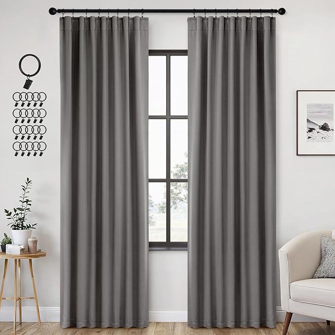 ANRODUO Back Tab Blackout Curtains for Bedroom Living Room, Rod Pocket Pinch Pleated Thermal Insulated Room Darkening Curtains 90 Inches Long 2 Panels, Grey, 42 x 90 Inch-CubbioJoy