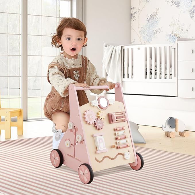 Beright Wooden Baby Walker Push and Pull Learning Activity Walker Kids’ Activity Toy Multiple Activities Center Develops Motor Skills & Stimulates Creativity(Pink)-CubbioJoy
