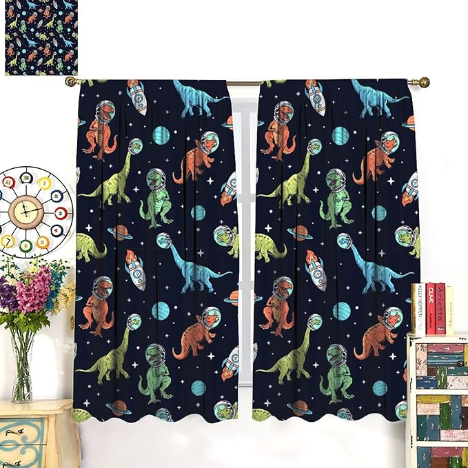 Cartoon Dinosaur Curtains for Kids Boys Girls Home Decor, Astronaut Rocket Funny Outer Space Blackout Rod Pocket Window Drapes for Bedroom Living Room W36xL63in 2 Panels-CubbioJoy