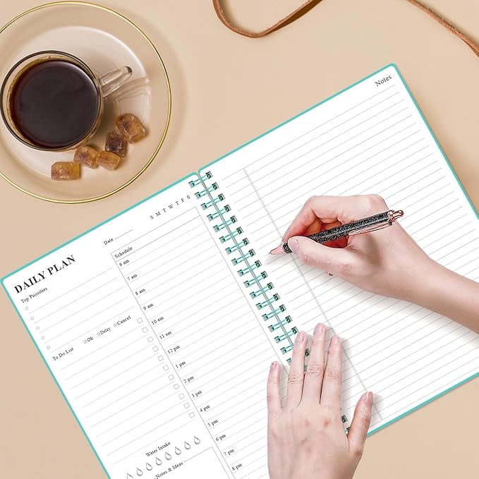 Daily Planner Undated - B5 To Do List Notebook Hourly Schedules, Spiral Appointment Planner for Women and Men, PVC Hardcover, Inner Pocket, Elastic Closure, 7" x 10", Teal-CubbioJoy