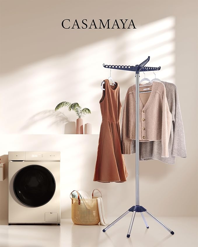 Clothes Drying Rack Foldable, 59 inch Tripod Laundry Drying Rack Indoor with Rotating Clothes Rail for 27 Pieces of Clothes, Space Saving, Blue and Silver CDR001Q01-CubbioJoy