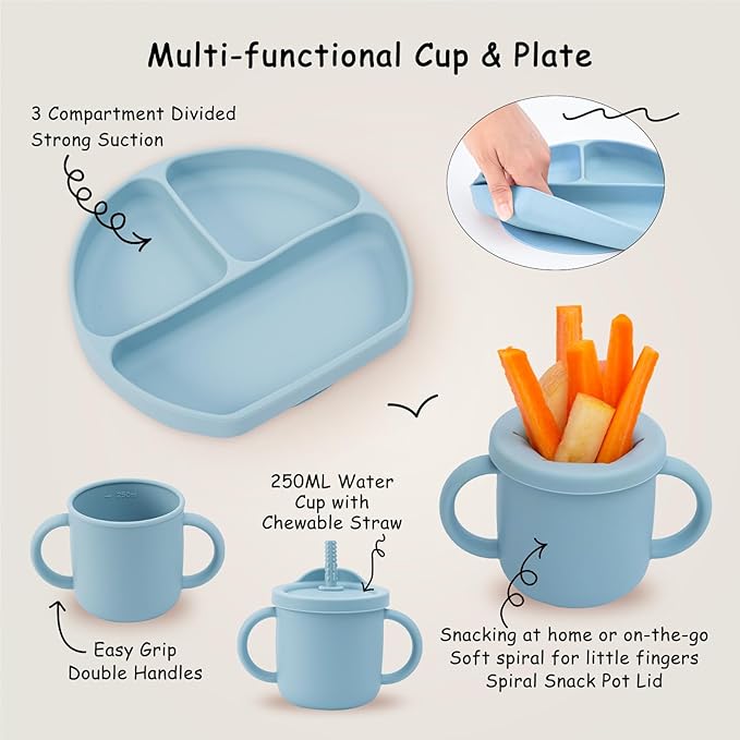 Baby Silicone Feeding Set, 13PCS Baby Self Feeding Set, Toddler Led Weaning Utensils Sets with Suction Bowl and Plate, 3 Set of Baby Spoons and Forks, Adjustable Bid, Sippy Cup with Straw and 2 Lids-CubbioJoy