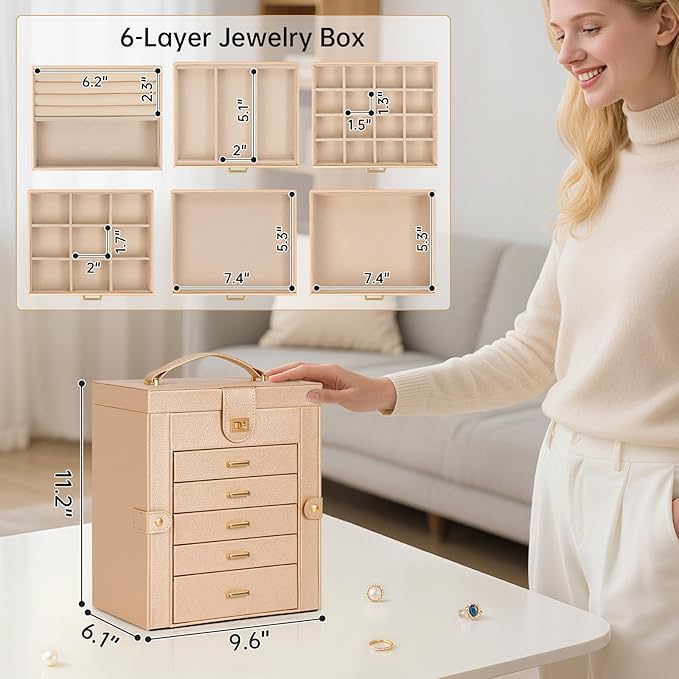 AKOZLIN 6-Tier Jewelry Box Organizer Functional 5 Drawers Leather Jewelry Storage Case for Women Girls Ring Necklace Earring Bracelet Holder Organizer with Mirror Champagne-CubbioJoy