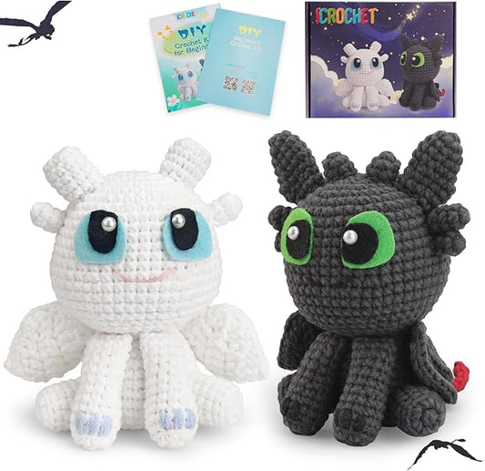Crochet Kit for Beginners,Beginner Crocheting Animals Kits w Step-by-Step Video Tutorials, Knitting Starter Pack for Adults and Kids,2 Pack Dragon-CubbioJoy