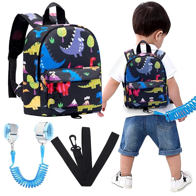 Accmor Toddler Backpack Leash with Anti Lost Wrist Link, Cute Mini Child Walking Harnesses Keep Kids Close Back Pack Rope Tether Rein for Baby Boys (Black/Dino)-CubbioJoy