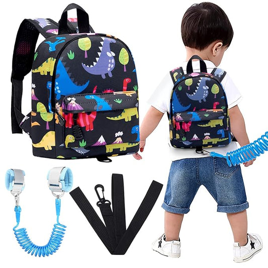Accmor Toddler Backpack Leash with Anti Lost Wrist Link, Cute Mini Child Walking Harnesses Keep Kids Close Back Pack Rope Tether Rein for Baby Boys (Black/Dino)-CubbioJoy