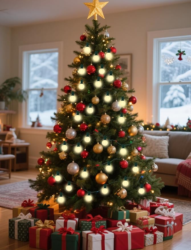 25Ft Outdoor Christmas Lights, Dimmable G40 LED Patio String Lights with 27 Frosted White Globe Bulbs, Green Wire Outdoor Christmas Decorations Lights Waterproof for Wedding Party Porch Backyard-CubbioJoy