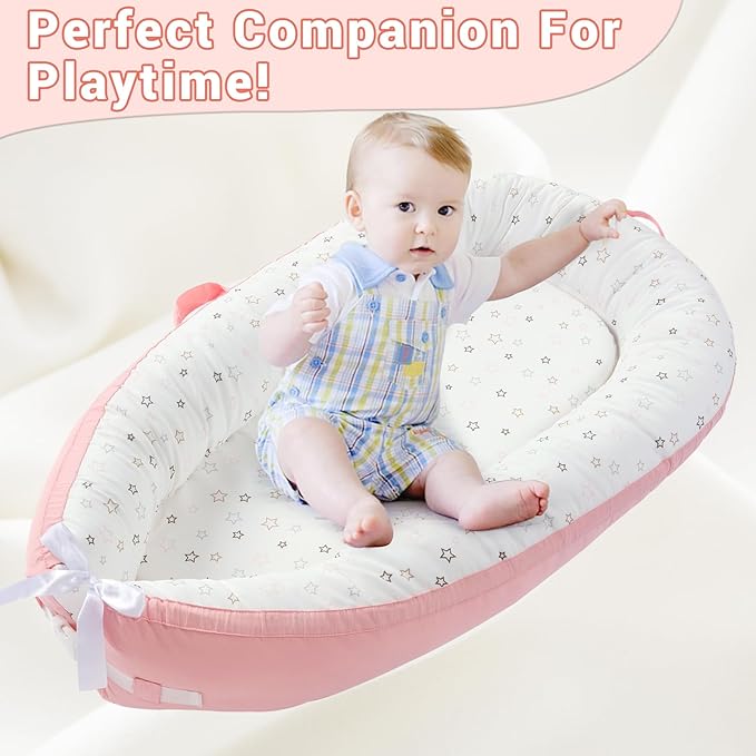 JOLLITO Baby Lounger for Newborn, Breathable Soft Baby for Baby 0-24 Months,Baby Play Mat, Portable Infant Lounger Baby Floor Seat for Home and Travel,Babies Essentials Gifts-CubbioJoy