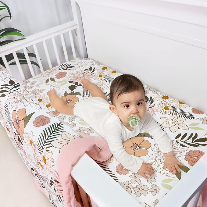 4-Piece Crib Bedding Set for Girls, Pink Baby Girl Bedding Set with Crib Skirt, Baby Quilt, Crib Sheet and Diaper Stacker, Daisy Flower-CubbioJoy