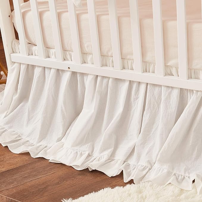 Brandream Baby Crib Bedding Set for Girls Boys Gender Neutral Boho Bohemian Farmhouse Chic Ruffle 6-Piece Nursery Bedding Set - 100% Washed Cotton Cream White-CubbioJoy
