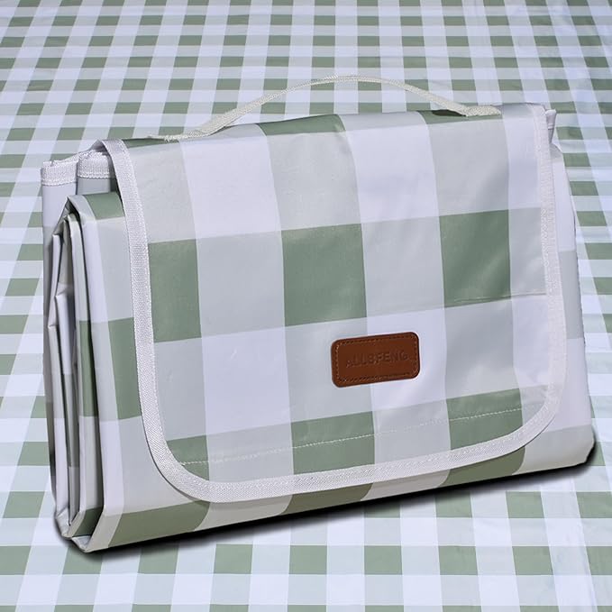 80"x60" Waterproof Sandproof Picnic Mat - Portable Foldable Outdoor Blanket for Beach, Park, Travel & Indoor Use - Lightweight Compact Design, Easy-Carry (Green&White)-CubbioJoy