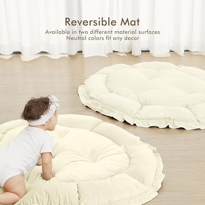 ANGELBLISS 5 in 1 Baby Play Gym Mat, Reversible Tummy Time Mat with 5 Sensory Toys for Stage-Based Developmental, Thick & Large Baby Activity Center from Newborn to Toddler (Beige)-CubbioJoy