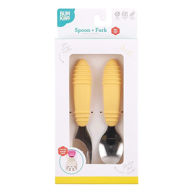 Bumkins Toddler Utensils, Kids Size Fork and Spoon Set, Silicone and Stainless-Steel Training Silverware, Angled Fork / Spork for Self-Feeding, Children Learning to Eat, 18 Mos Up, Pineapple Yellow-CubbioJoy