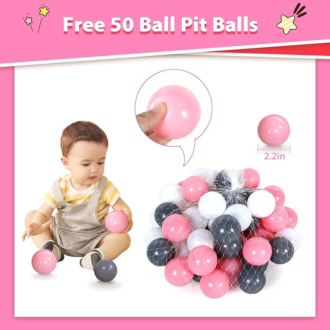 Baby Ball Pit for Toddler with 50 Balls, Kids Pop Up Play Tent for Girls, Princess Toys for Children Indoor & Outdoor Playhouse with Carry Bag (Pink: Pink/White/Gray, 109x90cm/50 Balls)-CubbioJoy