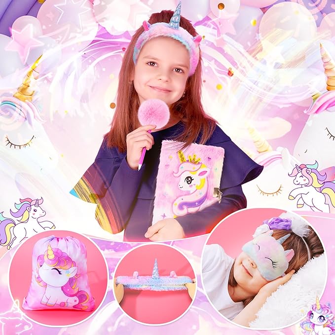 13PCS Unicorns Gifts for Girls Kids Toys 3 4 5 6 7 8 9 10 Years Old with Stationery Plush Diary with Lock/Glowing Blanket/Eye Mask/Crossbody Bag Teen Girl Birthday Christmas Unicorn Toy-CubbioJoy