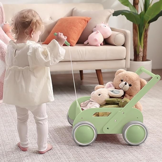 2025 HOMEKOL Wooden Baby Walker,Baby Push Walker, Adjustable Speed Baby Walker for Boys and Girls, Baby Activity Center, Gift for Birthday, Christmas and New Year Nature Green-CubbioJoy