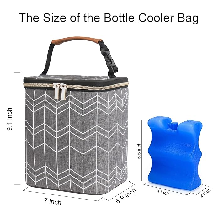 Breast Milk Cooler Bag with Ice Pack Fits 4 Baby Bottles Up to 9 Ounce, Baby Bottle Bag Great for Nursing Mom Daycare, Grey-CubbioJoy