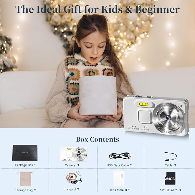Digital Camera, Autofocus 4K 64MP Point and Shoot Digital Cameras for Teens with 64GB Card, 18X Zoom Anti-Shake Compact Video Camera for Student Kids Boys Girls Beginner - White-CubbioJoy
