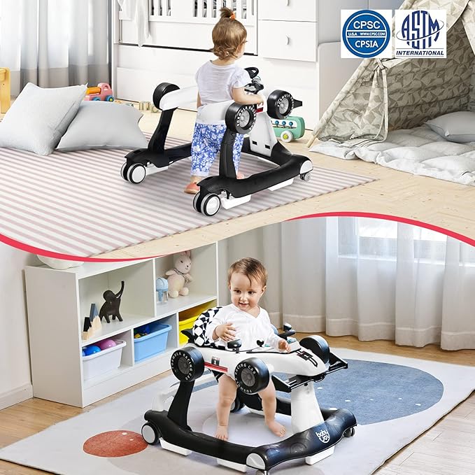 BABY JOY 4-in-1 Baby Walker, Foldable Activity Walker with Adjustable Height & Speed, Music, Lights, Anti-Rollover, Toddler Push Walker, Baby Walker with Wheels for Boys Girls 6-18 Months (White)-CubbioJoy
