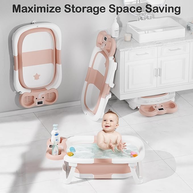 Collapsible Baby Bathtub,Baby Bath Tub with Soft Cushion & Thermometer,Baby Bathtub Newborn to Toddler 0-36 Months,Portable Travel Baby Tub-CubbioJoy